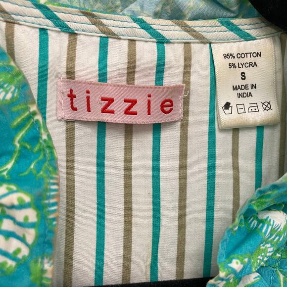 Tizzie Button Front Sleeveless Ruffle Collar Top Blue Green Small ASIS - Picture 5 of 6